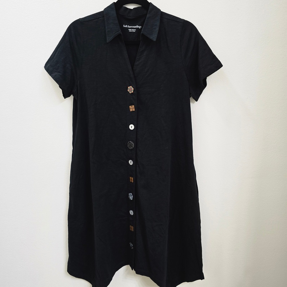 Soft Surroundings Black Cotton Slub Mismatched Button Shirt Dress Petite Medium